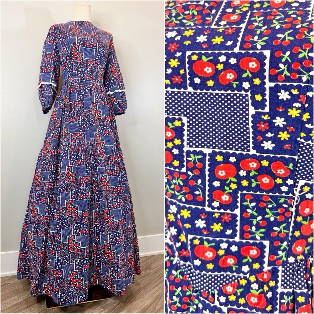 Vintage 1970s Prairie Dress Fruit Apple Novelty Print Floral Patchwork Retro 70s